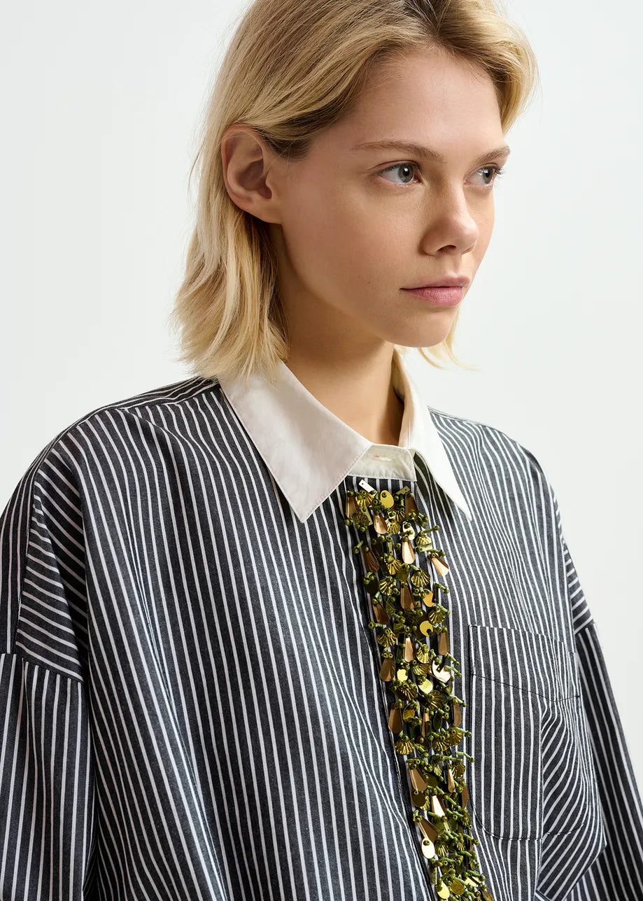 Essentiel Art Werp Black and White Striped Embellished Top