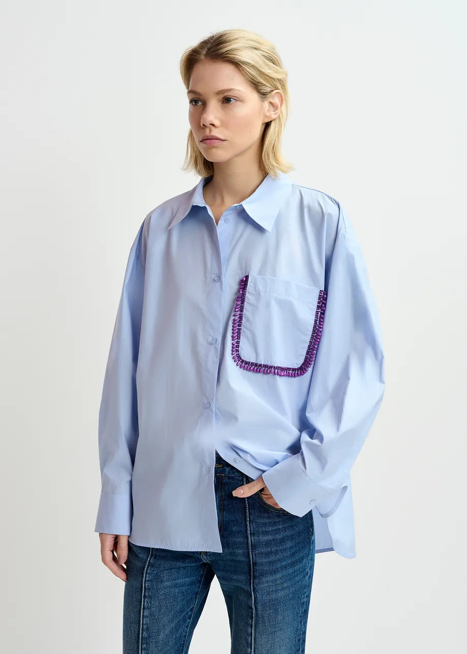 Essentiel Artwerp Light Blue Cotton Shirt with Embellishment