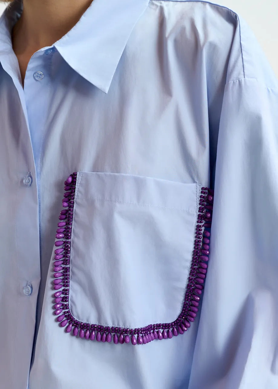 Essentiel Artwerp Light Blue Cotton Shirt with Embellishment